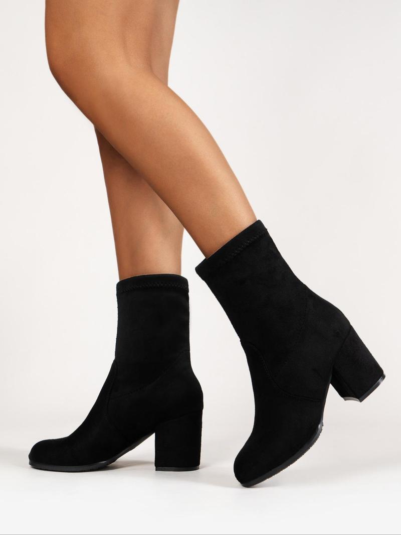 Product Introduction of Fashionable Autumn Outfits Solid Thick High Heel Comfort Boots for Outfits, Elegant Style Round Toe Mid-calf Black Boots for Girl, Trendy Sock Boots for Bridal, Autumn Winter Outfit, Going Out Outfits Footwear Walking Shoes 6