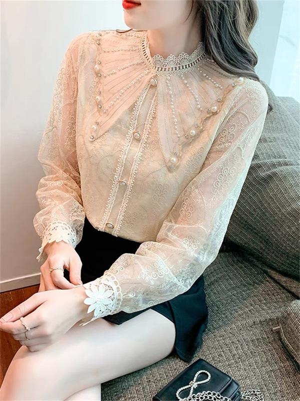 Áo sơ mi ren cổ đính đá đính ngọc 4