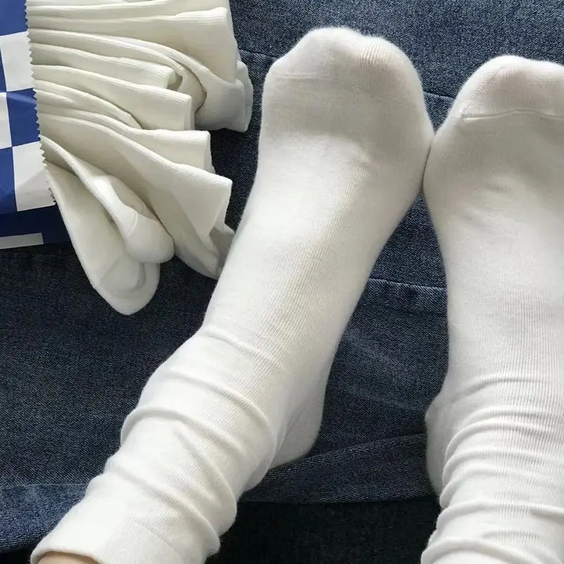 2024 Summer New Style White Socks Women's Mid Tube Stockings Thin Student Solid Color Bunching Socks Cotton Black Long Socks