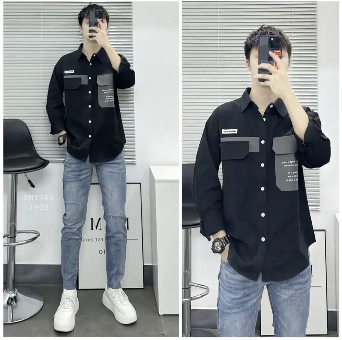 Áo sơ mi nam tay dài phối túi in chữ đep 065 Menswear Shirt