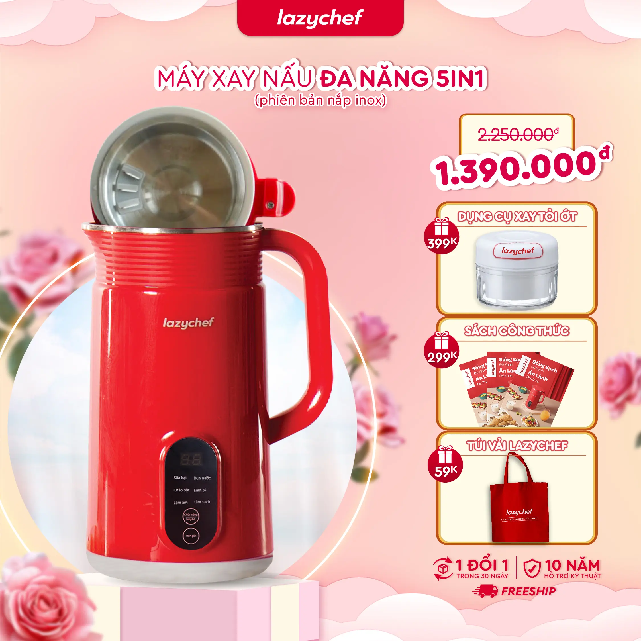 [TẶNG 3 QUÀ] Máy xay nấu đa năng 5IN1 Lazychef, máy xay sinh tố, máy làm sữa hạt chiết xuất dinh dưỡng, dung tích 800ml Chiết xuất dinh dưỡng