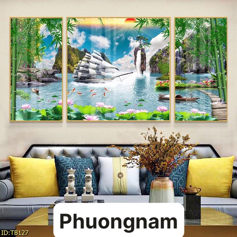 Tranh Tráng Gương Thuận Buồm xuôi gió Khổ lớn 2mx1m bộ 3 bức