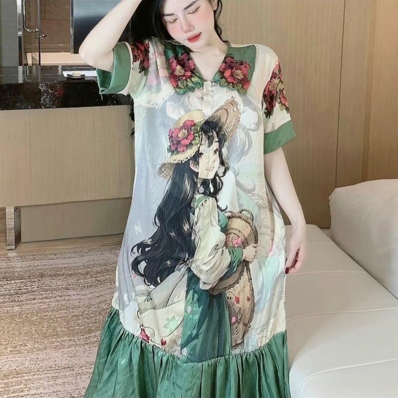 Đầm mặc nhà tiểu thư váy ngủ thiết kế dễ thương kute chất lụa xước phom từ 40-70 kg Nữ Women Đầm Ngủ Dress
