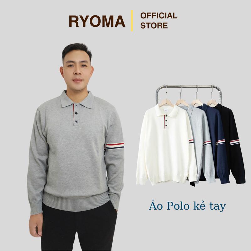 Áo Polo dệt kim RYOMA dài tay cao cấp, chất len lông cừu, kiểu dáng classic, kể sọc ở tay,  sang trọng NHA-10 Nam Menswear Có Cổ Đen