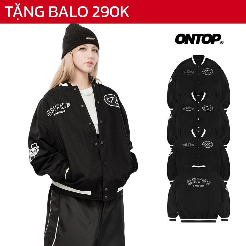 Áo khoác bomber varsity jacket ONTOP vải kaki và nỉ dạ thêu họa tiết da có nút bấm local brand nam nữ | O19-AK11