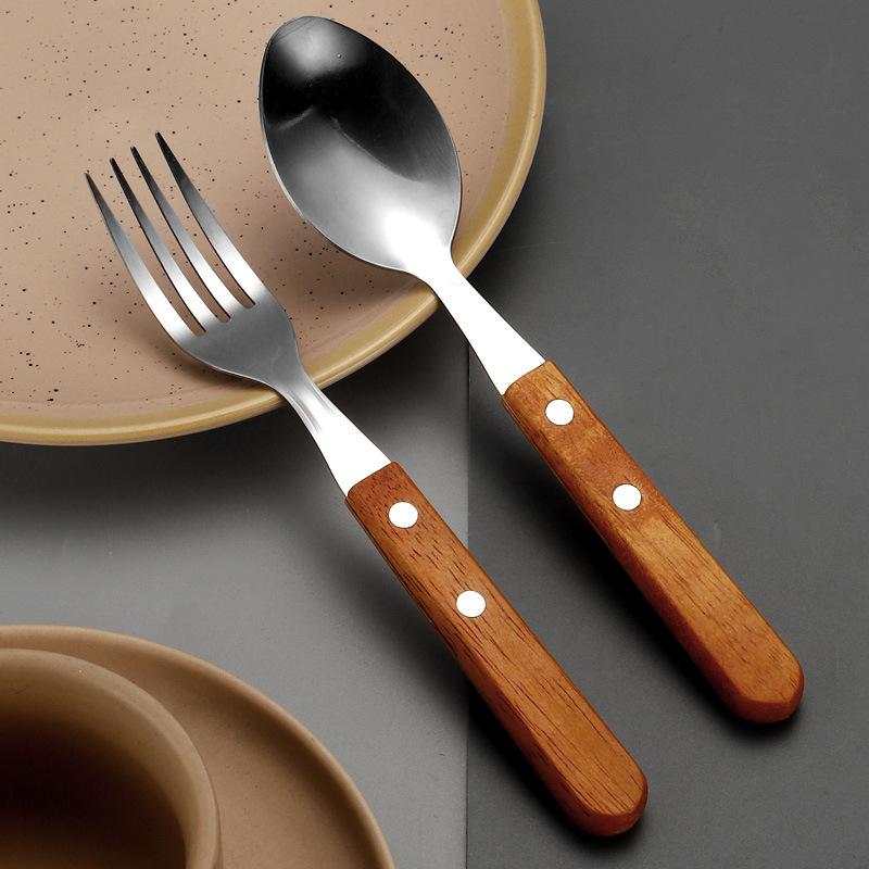 Stainless Steel Clip Handle Tableware Knife, Fork and Spoon Three-Piece Hotel Steak Knife and Fork Knife, Fork and Spoon New Creative Wooden Handle Steak Knife and Fork 3