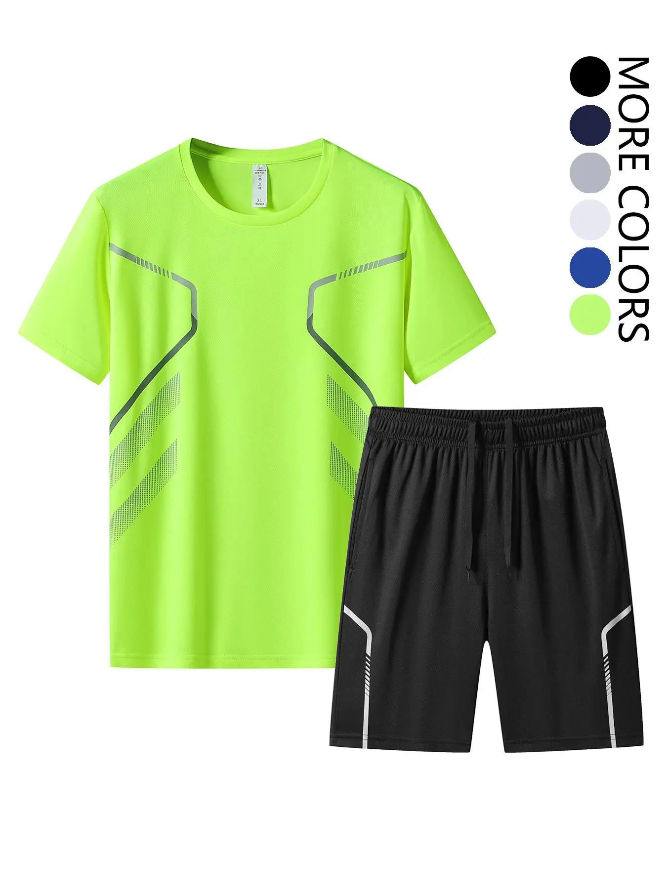 Men's Reflective Stripe Print Tee & Shorts Set, Regular Fit Round Neck Short Sleeve T-shirt & Track Shorts, Casual Sporty Breathable Men's Two-piece Outfits for Gym Workout Running,  Summer Outfits