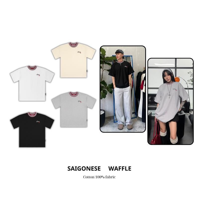 [XẢ KHO] Áo thun cổ bo sọc waffle tổ ong SAIGONESE Form Unisex Nam Nữ MenswearWAFFLECO-DEN-S1