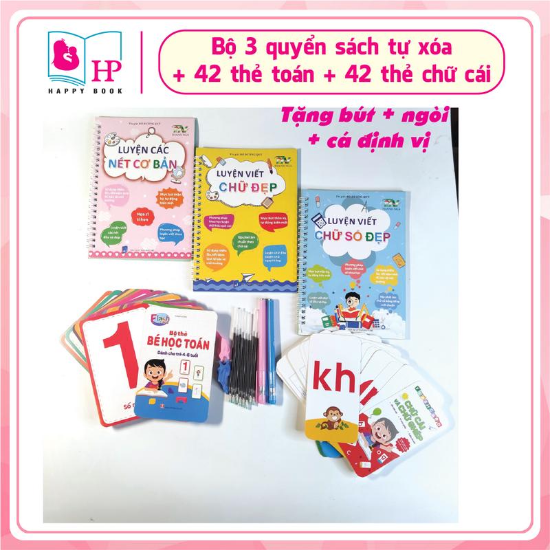 [HAPPYBOOK] Bộ 3 quyển Sách tập viết - Sách tự xóa - Thần kỳ mực tự bay màu + 42 thẻ học toán + 42 thẻ học chữ cái (Tặng kèm 2 bút + 8 ngòi + 2 cá Định vị tay) sach chobe sachtap tocho be sach  vetuxoa