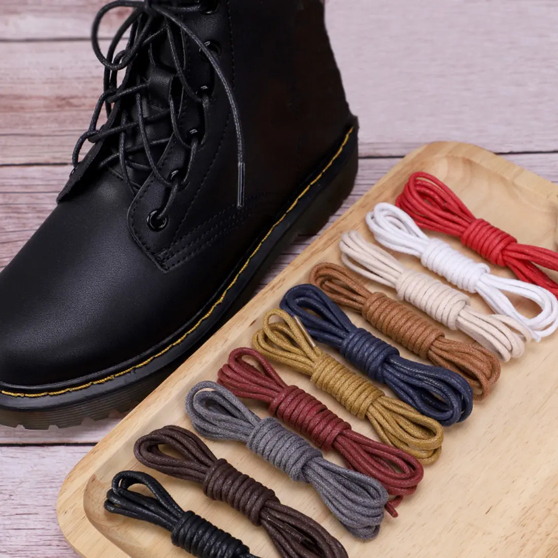 1 Pair Waxed Coloured Round Martin Boots Leather Shoe Laces Solid Color Cotton Fashionable Shoelaces