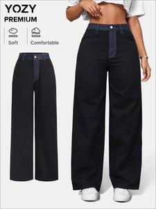 YOZY Women's Patchwork Print Button Fly Straight Leg Denim Pants, Casual Comfy Zipper Fly Jeans for Daily Wear, Ladies Bottoms for All Seasons