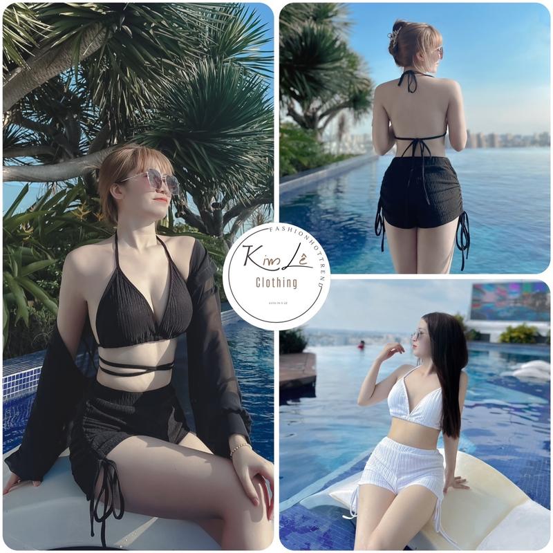 DƯỚI 53kg Set Bikini Áo Cột Dây Phối Quần Đùi Rút Dây 2 Bên Sexy Tôn Dáng Có Mút Chất: Thun Xốp Freesize: <53kg cao dưới 1m6 Nữ Thun