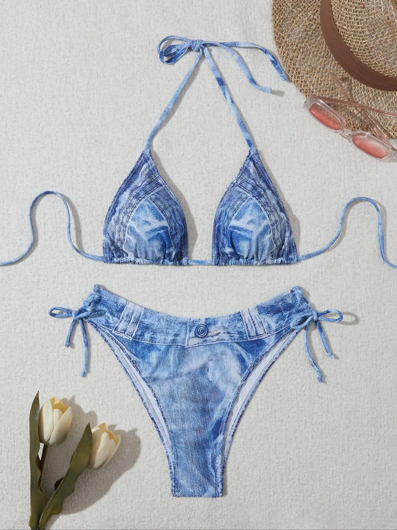 Two-Piece Set Women's Denim-effect Print Tie Side Bikini Set, Casual Fashion Chic Swimsuit Set for Beach Holiday Vacation, Ladies Swimwear for All Seasons