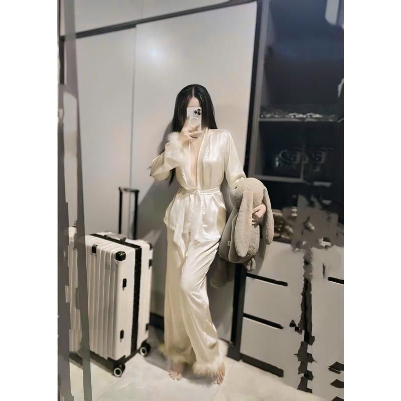 Đồ bộ mặc Pijama nữ nhà Osexy đính lông kiểu dáng kimono kèm dây cột tiện dụng hợp thời trang 5