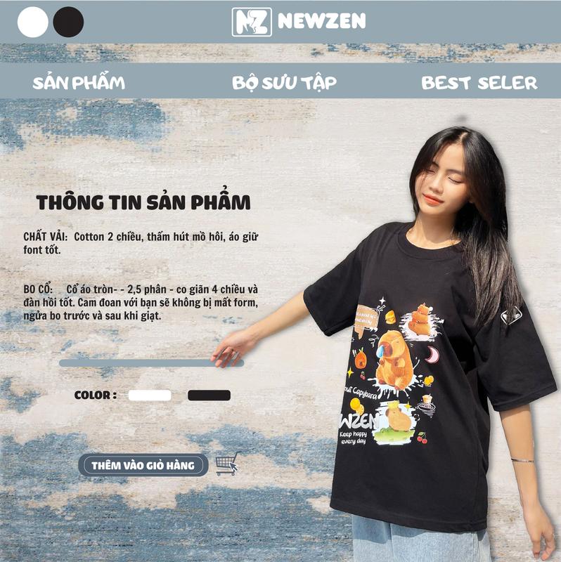 Áo thun tay lỡ unisex Newzen NZ01 cotton 100 co dãn 4 chiều - Nam, Menswear, Capybara, Cổ Tròn Top 8