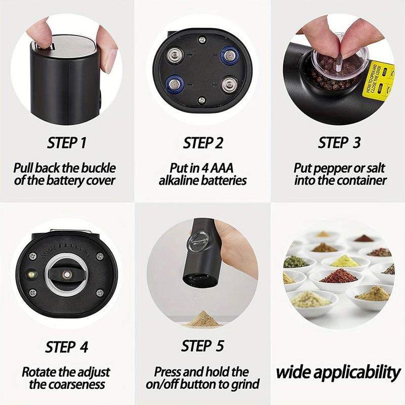 Product Introduction of Electric Pepper Mills Set without Battery, Battery Powered LED Light Adjustable Salt and Pepper Mills with Base and Brush, Kitchen Gadgets, Kitchen Accessories, Summer for Gift Seasoning Utensils 8