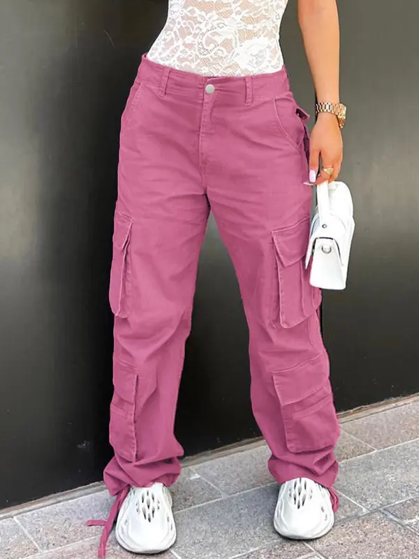 Women's Solid Multi-pocket Cargo Pants, Fashion Casual Trousers for Daily Wear, Ladies Bottoms for All Seasons 3