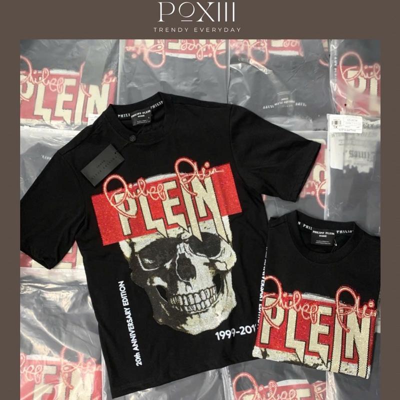 Áo Phông Philip Đầu Lâu Đỏ Đính Đá Logo Da Tag Sắt Dệt Viền Cổ - Áo Phông Nam Nữ Vải Cotton Lạnh Dày Dặn