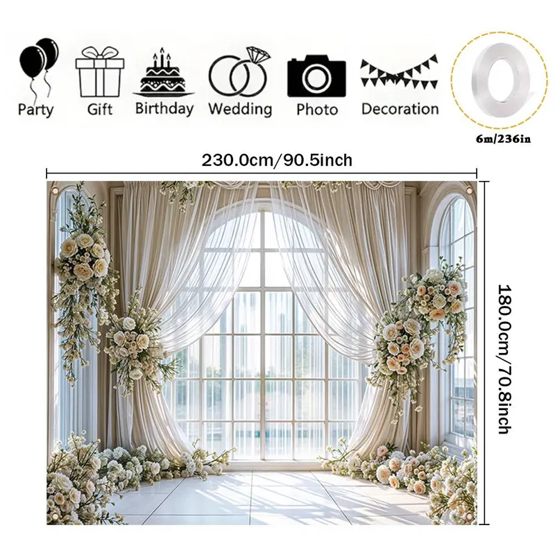 Wedding Themed Backdrop, 1 Count Flower & Curtain Pattern Backdrop, Decorative Banner for Photography Studio, Living Room & Bedroom Celebration 2