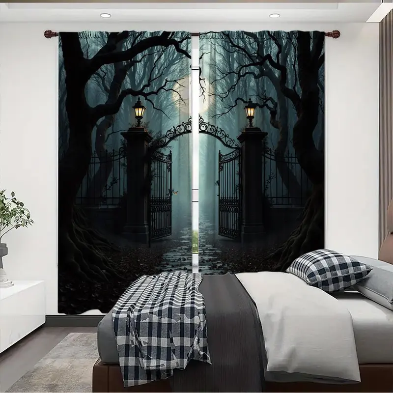 Moonlight Forest Pattern Door Curtain, 1 Set Halloween Themed Door Curtain, Home Decor for Living Room Bedroom, Vanity Decor Accessories 2