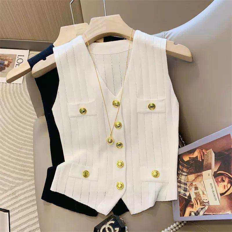 Product Introduction of Áo Vest Dệt Kim Lụa Lạnh Cổ Chữ V, Phong Cách Sang Trọng Kiểu Pháp, Không Tay, Dành Cho Nữ, Hàng Mới Về Mùa Hè 2024 Women Top 2
