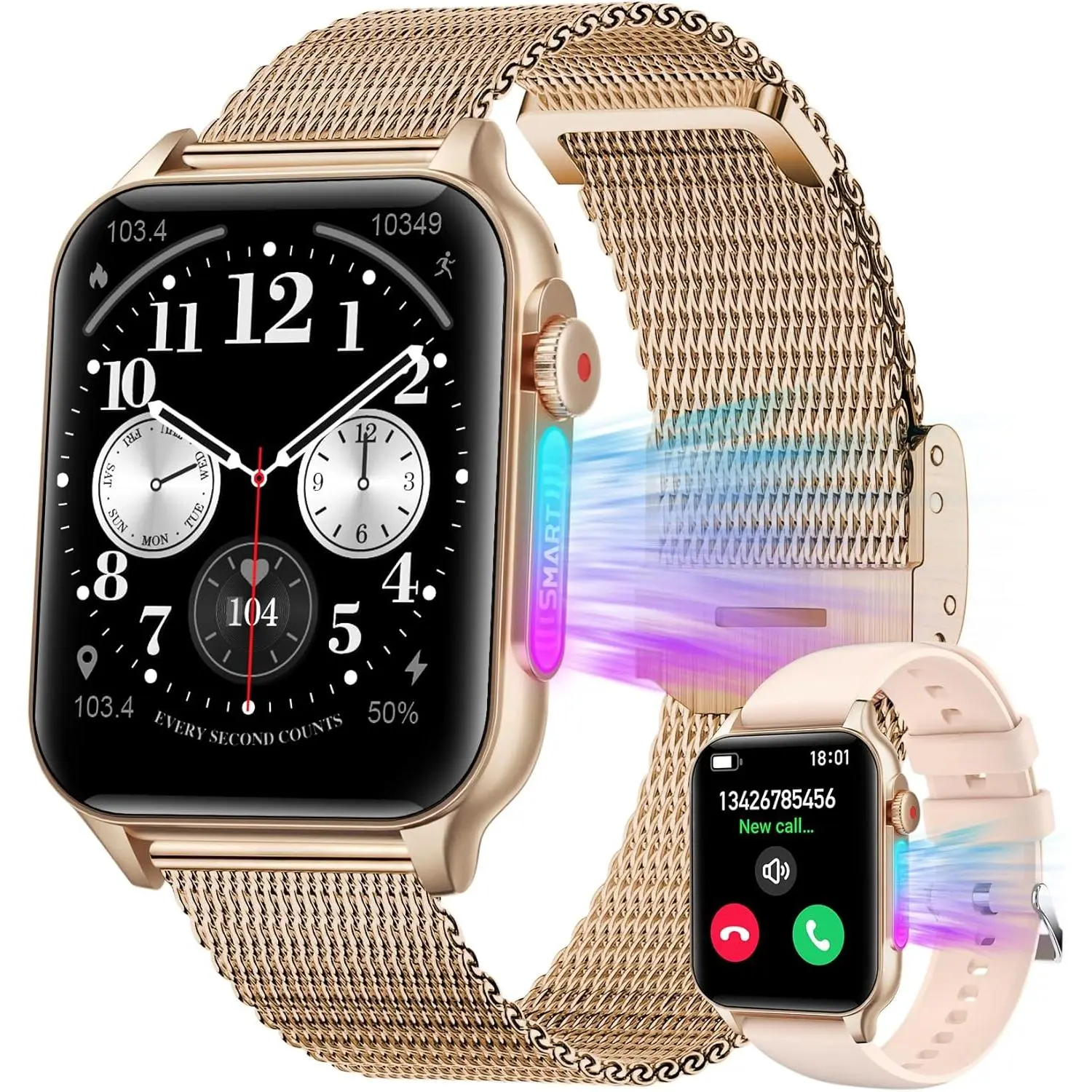 Smart Watch for Women Android Phones: 1.96'' Screen Fitness Smartwatch for iPhone Compatible,Waterproof Smart Digital Watches for Women Samsung IOS iPhone Answer/Make Call (Gold)