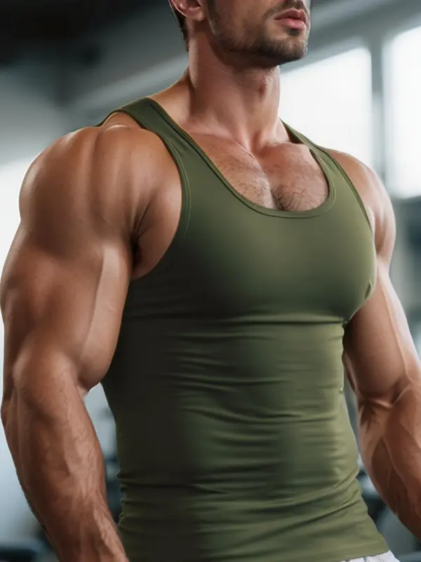 Men's Solid Round Neck Tank Top, Regular Fit Casual Breathable Sleeveless Top for Gym Workout, Men's Top for Summer 0
