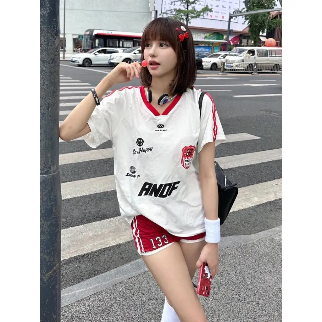 Áo Thun Thể Thao In Hình Cổ Chữ V, Phong Cách Thời Trang Đường Phố, Ngắn Tay, Dành Cho Nam Và Nữ, Tay Áo Dáng Rộng Mùa Hè, Áo Raglan, Phong Cách Mới Cho Năm 2025