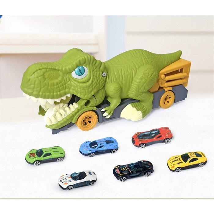 Đồ chơi Khủng long ăn xe oto và khủng long cầu trượt ô tô tặng kèm phụ kiện xe ô tô kim loại và mô hình khủng long