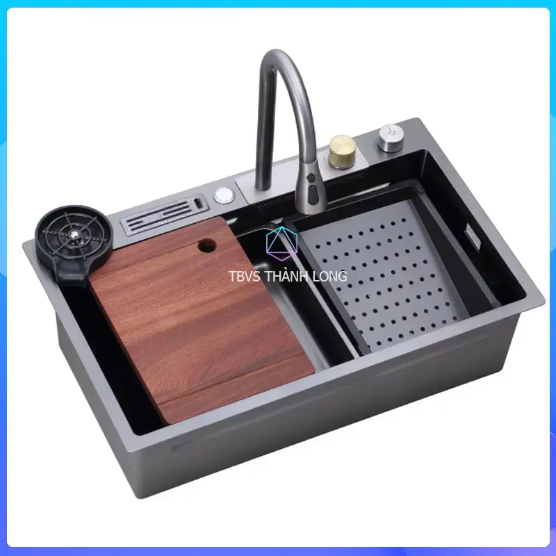 (7546 Cài Dao) Chậu Rửa Bát 1 Hố INOX 304 Phủ Nano, Bồn Rửa Chén 1 Ngăn Kèm Vòi Thác Nước - Màu Nano 0