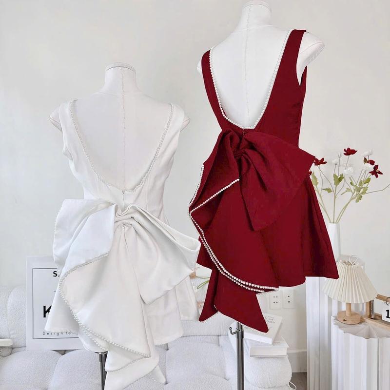 Product Introduction of ( Sam’s Clothing ) Đầm nữ hở lưng đính nơ to viền dây ngọc dáng ngắn xinh xắn Women 19