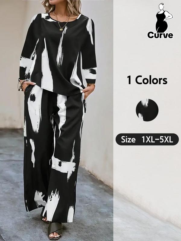 Plus Size Pop Art Print Asymmetrical Hem Blouse & Pocket Wide Leg Pants, Round Neck Long Sleeve Top & Trousers, Women's Two-piece Outfits for Daily Wear 0