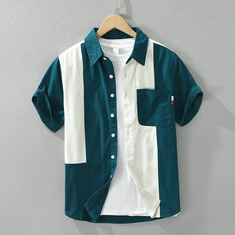 Áo Sơ Mi ngắn Tay Khâu Nam Nhật Bản, Bộ Sưu Tập Mùa Hè 2024, Thiết Kế Colorblock, Dễ Phối Đồ, Phong Cách Thường Ngày Dáng Rộng Vừa Vặn, Áo Sơ Mi Mỏng Thời Trang