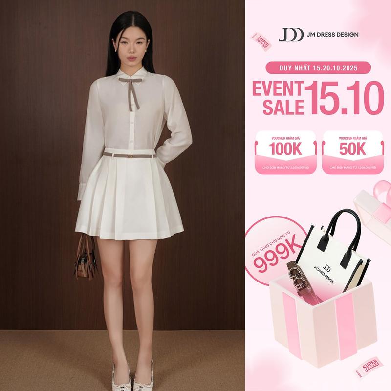 Áo sơ mi 2 gấu thêu sau lưng 2S06.2501OG, áo sơ mi nữ phối nơ cổ chất liệu tơ cao cấp JM Dress Design