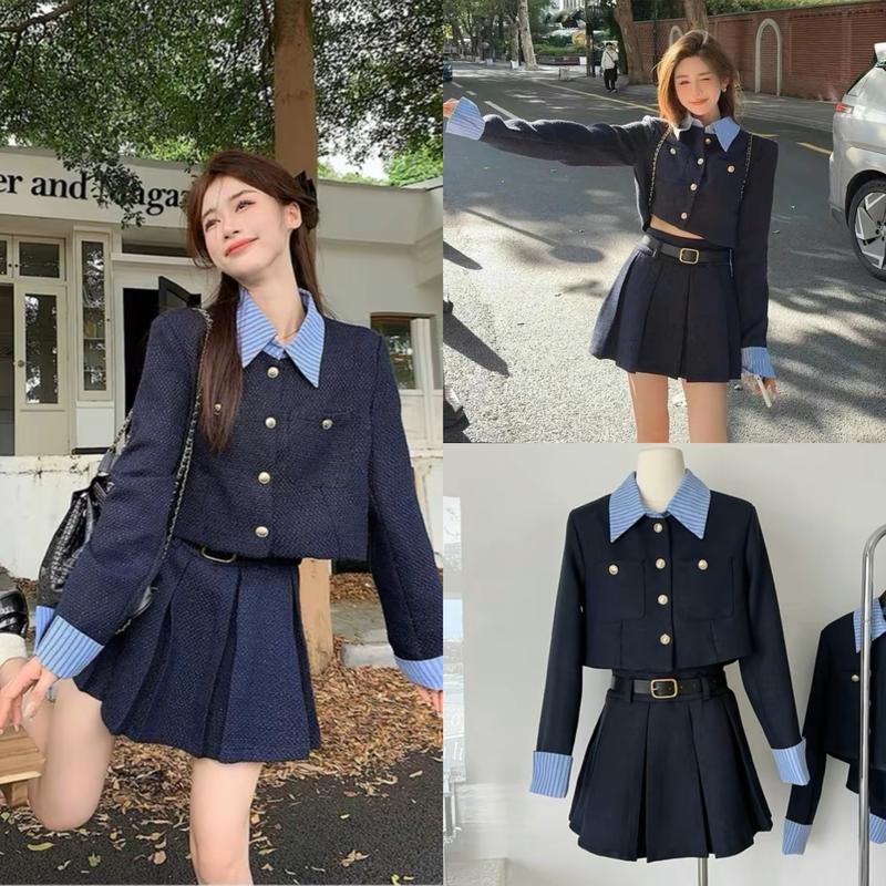 Set Dạ Hot 3 Món Áo Dạ Phối Kẻ Xanh Cổ Tay + Chân Váy Xếp Ly Kèm Đai Da Sịn Sò