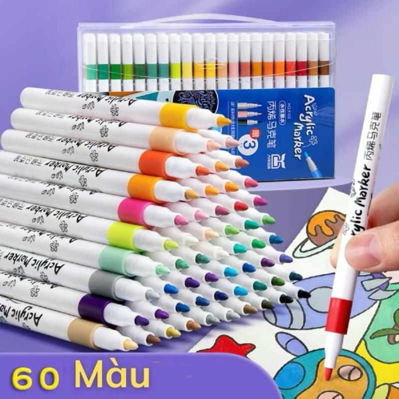 Bút Màu Acrylic Marker 60 Bút Cao Cấp Đầu Nhỏ - Chống Thấm Nước, Vẽ Lên Được Nhiều Chất Liệu