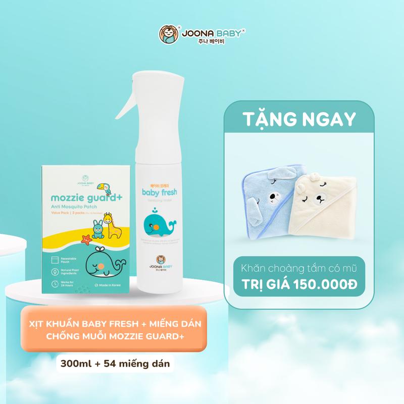 (TẶNG KHĂN CHOÀNG TẮM CÓ MŨ CHO BÉ) Combo xịt diệt khuẩn, khử mùi Baby Fresh an toàn cho bé 300ml và miếng dán chống muỗi cho bé Mozzie Guard+ - JOONA BABY Việt Nam