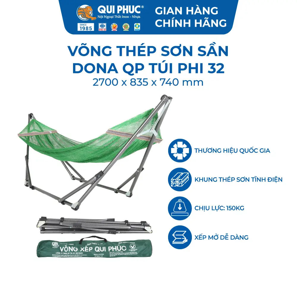 Võng Xếp DONA QP Phi 32 – Qui Phúc Chính Hãng – Khung Thép Sơn Tĩnh Điện, Có Túi Vải Gấp Gọn – Tải Trọng 150Kg