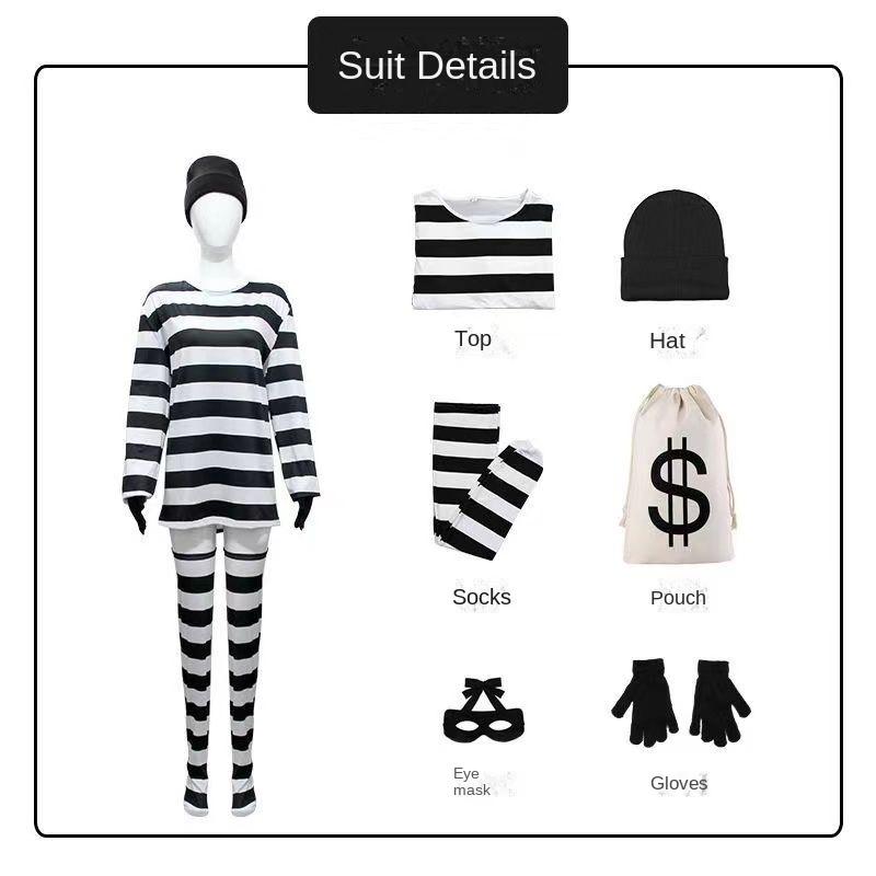 Product Introduction of Halloween Christmas Thief Cos Costume Black and White Striped Thief Cosplay Funny Costume Hat Purse Full Set 2