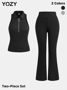 YOZY [3 Colors] Solid Zipper Collar Tank Top & Flare Leg Pants Set/ Casual Sleeveless Top & High Waist Bell Bottom Trousers Set, 2024 Women's Summer & Fall Outfits for Daily Wear