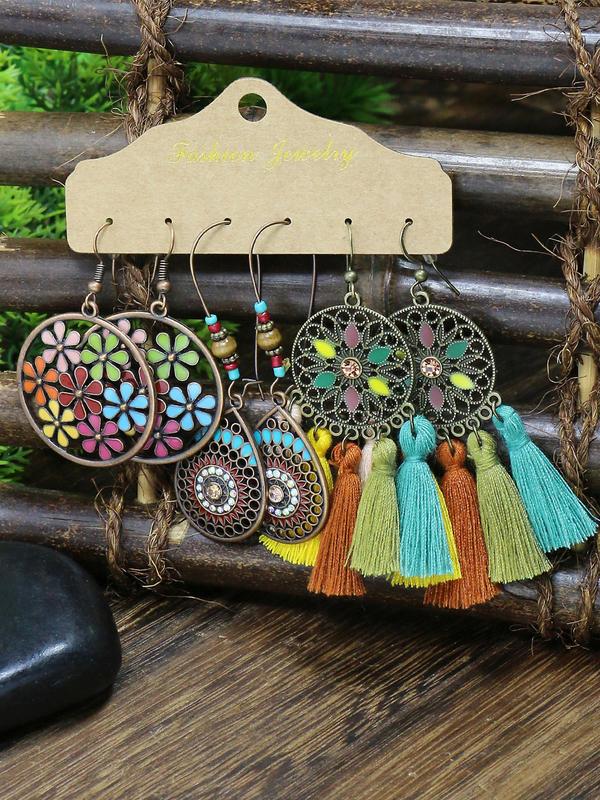 Boho Style Dangle Earrings Set for Women Girls, 12 Pairs Retro Style Hollow Pattern Flower & Leaf & Water Drop & Tassel Design Dangle Earrings, Fashion Jewelry, Exquisite Gifts 5