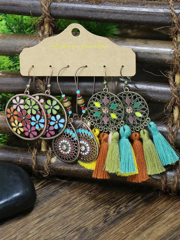 Boho Style Dangle Earrings Set for Women Girls, 12 Pairs Retro Style Hollow Pattern Flower & Leaf & Water Drop & Tassel Design Dangle Earrings, Fashion Jewelry, Exquisite Gifts 5