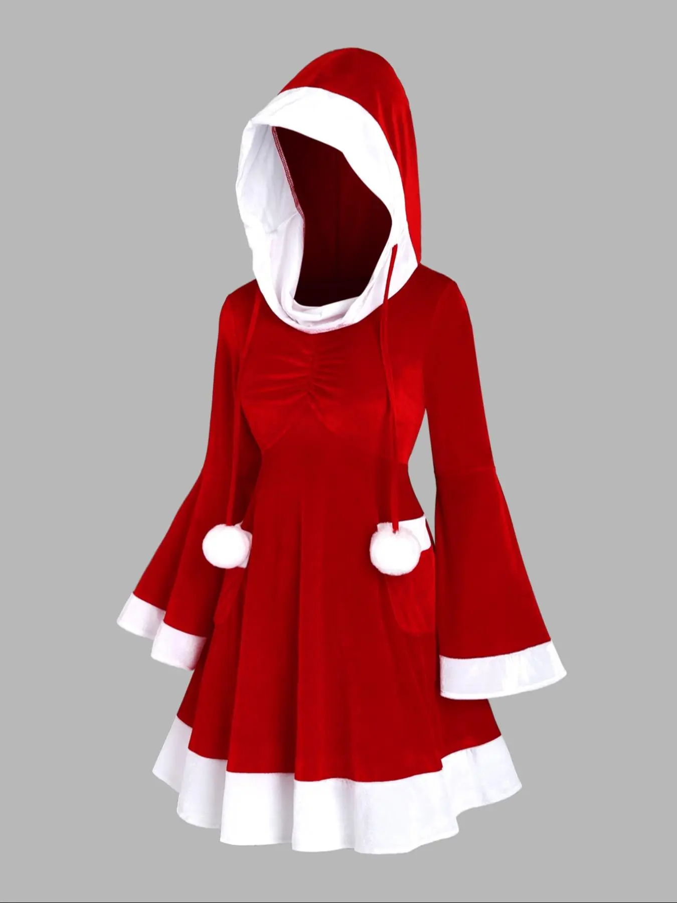 【Plus Size】 Christmas Themed Ruched Pocket Hooded Dress, Casual Long Sleeve Flounce Sleeve Dress for Party Holiday, Women's Clothing for Fall & Winter