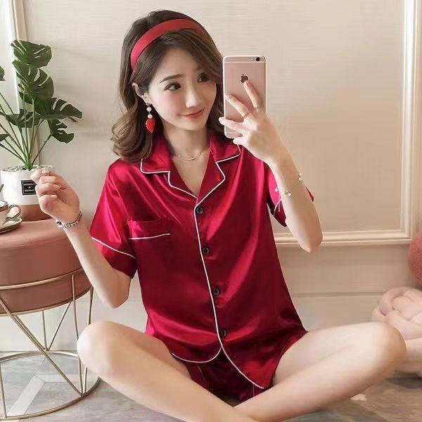 Đồ Ngủ Phong Cách Hàn Quốc, Bộ Đồ Ngủ Hai Mảnh ngắn Tay Bằng Lụa Lạnh Mùa Hè Cho Nữ, Chất Liệu Lụa Nhân Tạo, Thích Hợp Cho Học Sinh, Bộ Đồ Mặc Bên Ngoài Mỏng, Đồ Mặc Nhà 2
