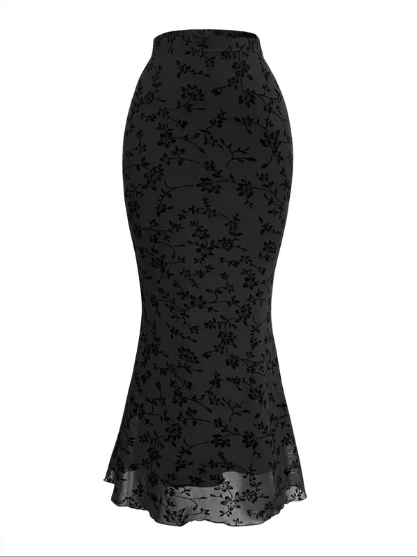 Women's Floral Print Long Skirt, Elegant Fishtail Skirt for Party Evening Formal Occasions, Ladies Spring & Fall Clothes 0