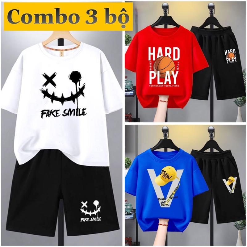  COMBO 3 Bộ đồ bé trai mùa hè size đại 17-40kg chất thun co giãn mềm mát áo cộc tay quần đùi phong cách Hàn Quốc cho bé trai 5-14 tuổi. Mã 40 Mặt cười_45 Quả Banh _48 Nón vàng 
