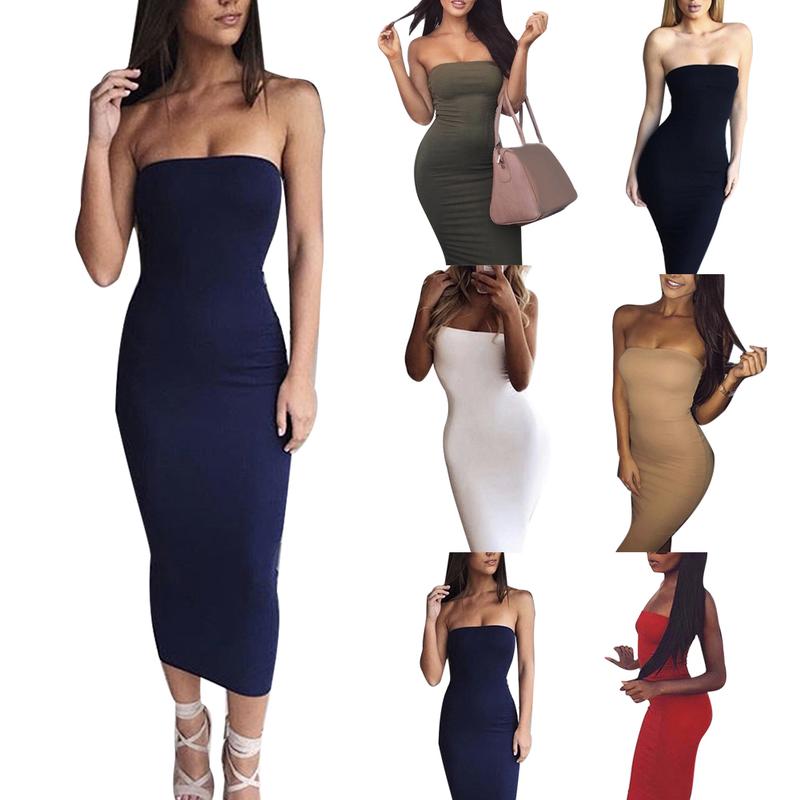 Fw.Q-Evening Party Night Club Sexy Women Solid Color Strapless Bodycon Long Dress 0