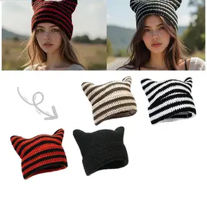 Topi Rajut Kucing Bergaris Anti Pilling – Serbaguna Musim Gugur/Dingin, Hadiah Kawaii 【TOPSLINGS】