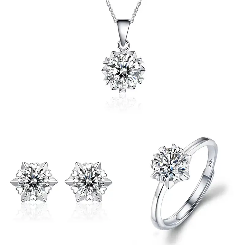 Imitation Moissanite 3 Pieces Suit Live Broadcast Imitation S925 Silver Ins Rings Pendants Stud Earrings Female Ring Silver Needle Zircon Six Claw