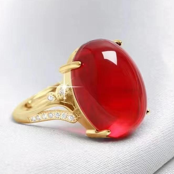 Product Introduction of Gold Inlaid Imitation Sapphire Ring for Women Luxurious Inlaid Imitation Red Green Black Yellow Agate Adjustable Ring 2